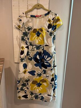 Boden Floral Scoop-Neck Midi Dress in White, Blue & Yellow